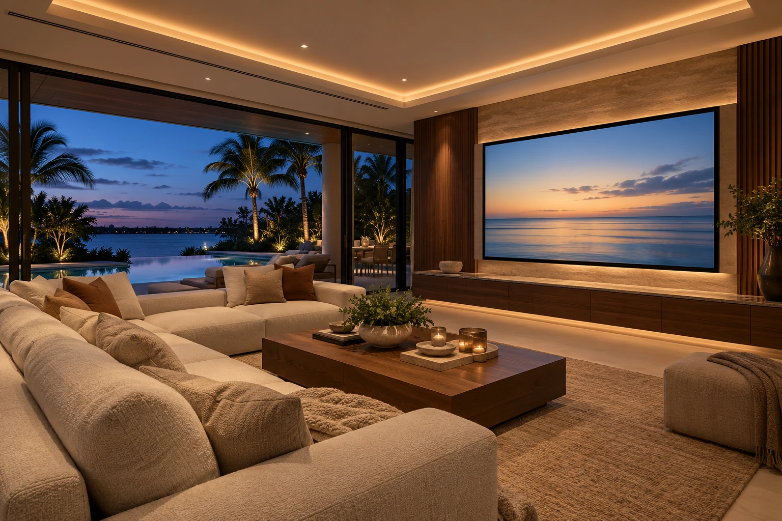 A media room with a large display, integrated speakers and a view outdoors