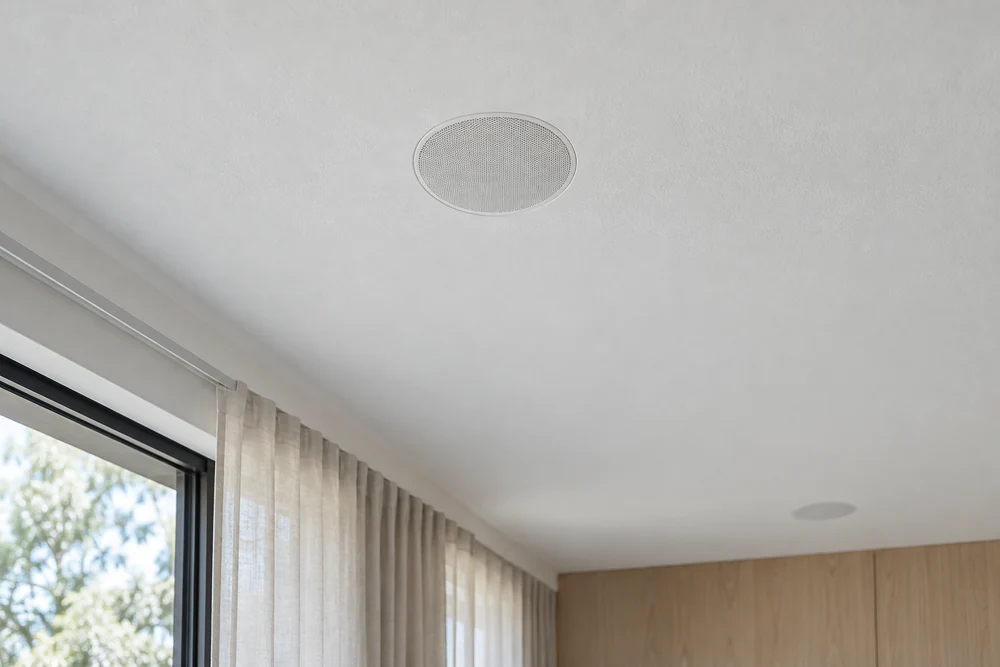 Paint-matched round speaker grilles set flush into an elegant white plaster ceiling.