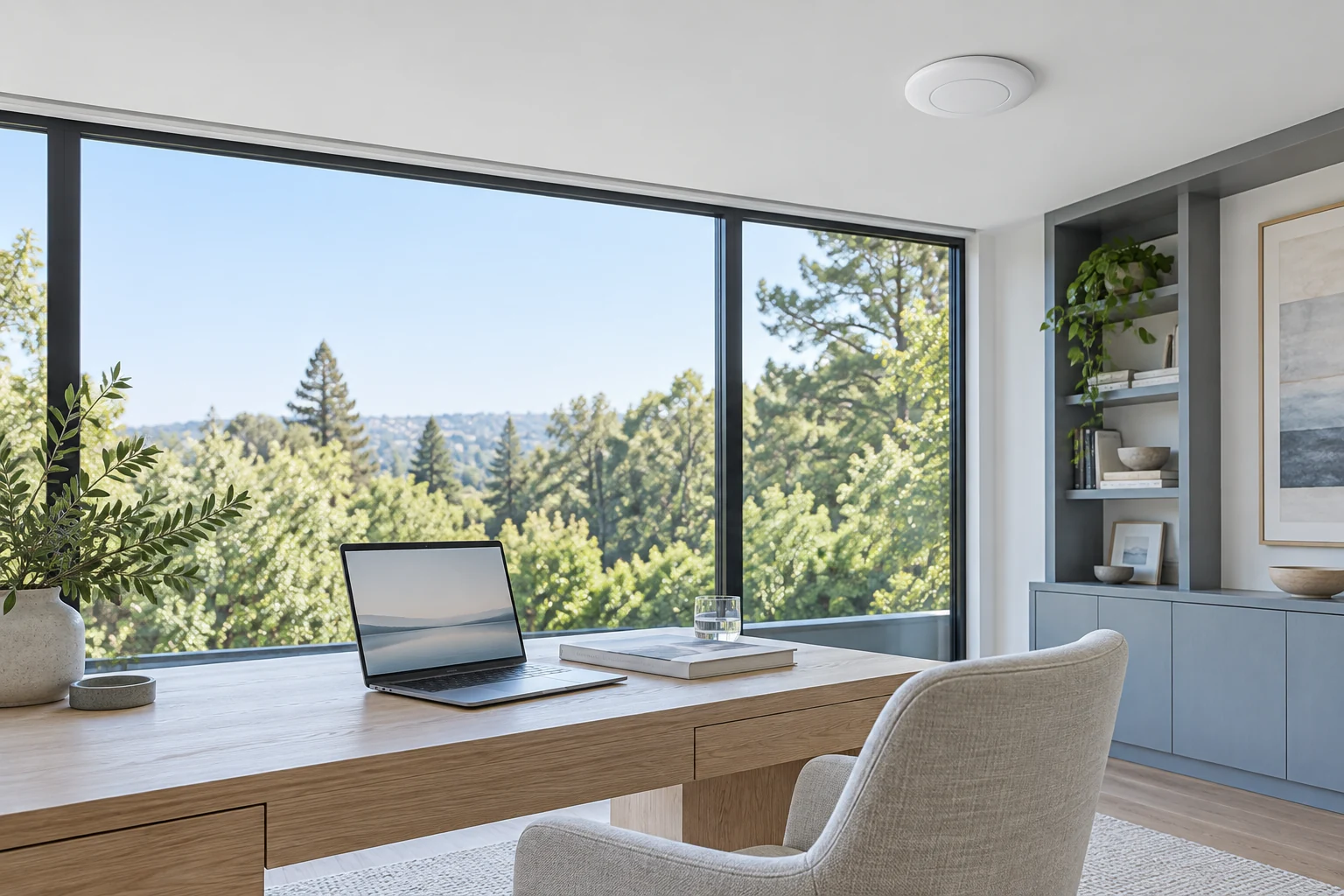 A discreet white ceiling-mounted Wi-Fi access point above a light-filled home study with an open laptop.