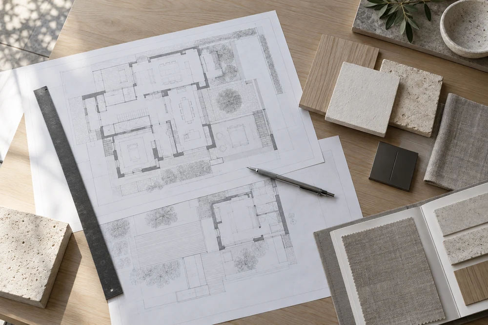 Custom-home floor plans arranged with wood, stone, plaster and fabric samples for design coordination.