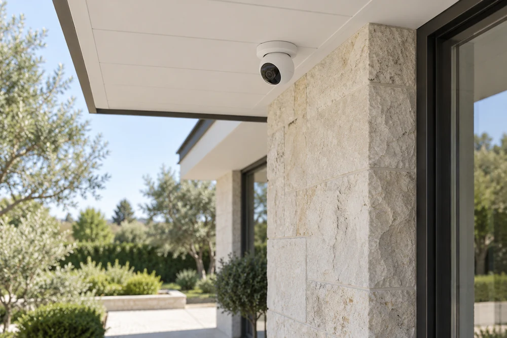 A compact white security camera discreetly mounted beneath a contemporary home’s entry soffit.