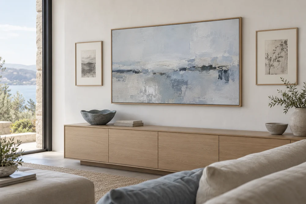A flush-mounted art-mode television with a slender oak frame, integrated into a living-room gallery wall.