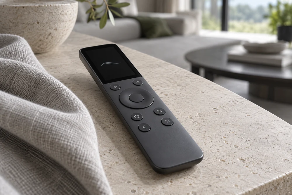 A slim charcoal AV remote rests on a limestone side table in a contemporary living room.