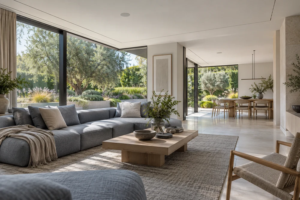 Connected living and dining spaces with discreet paint-matched ceiling speakers.