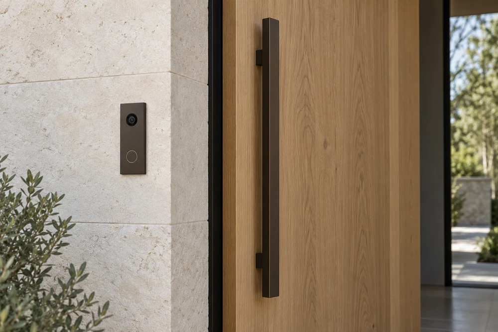 A discreet video doorbell beside an oak front door and pale limestone entry wall.