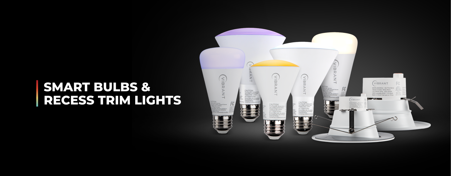 Control4 Vibrant A19 and reflector smart bulbs alongside recessed trim lights