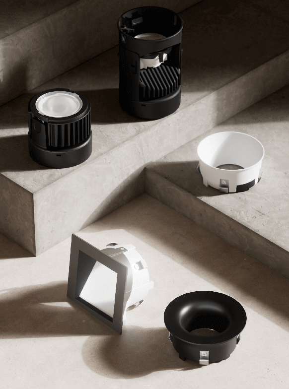 DMF Artafex 2 light modules with round and square architectural trims