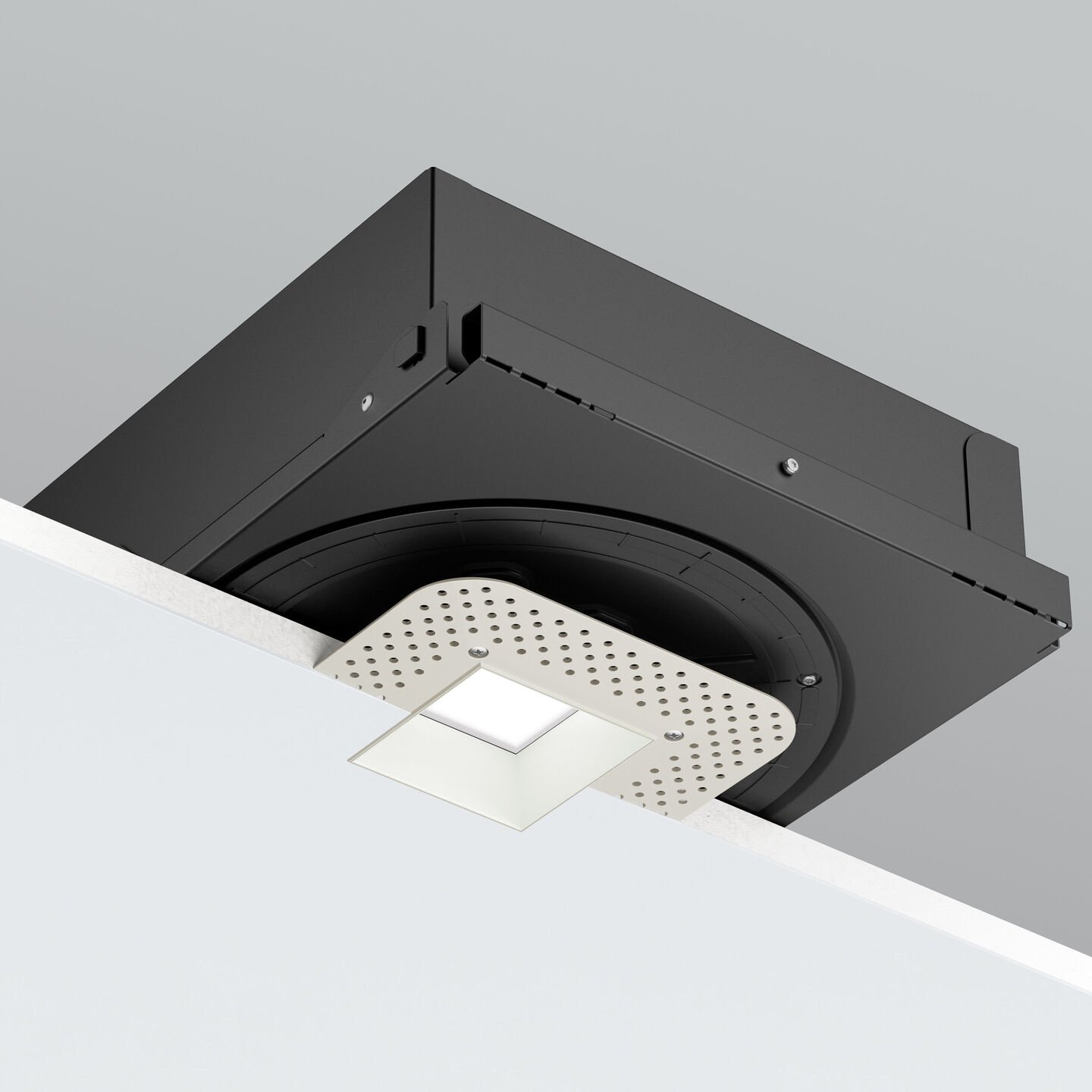 Ketra D2 adjustable downlight with a white square trim and its recessed housing