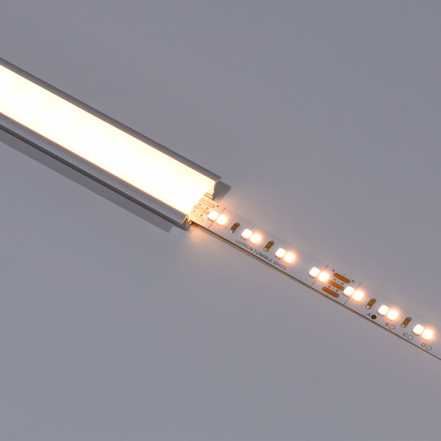 Lumaris tunable-white LED tape fitted into a linear aluminum channel