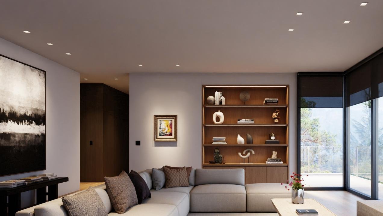 Rania D2 recessed lighting illuminating a living room, art wall and seating area