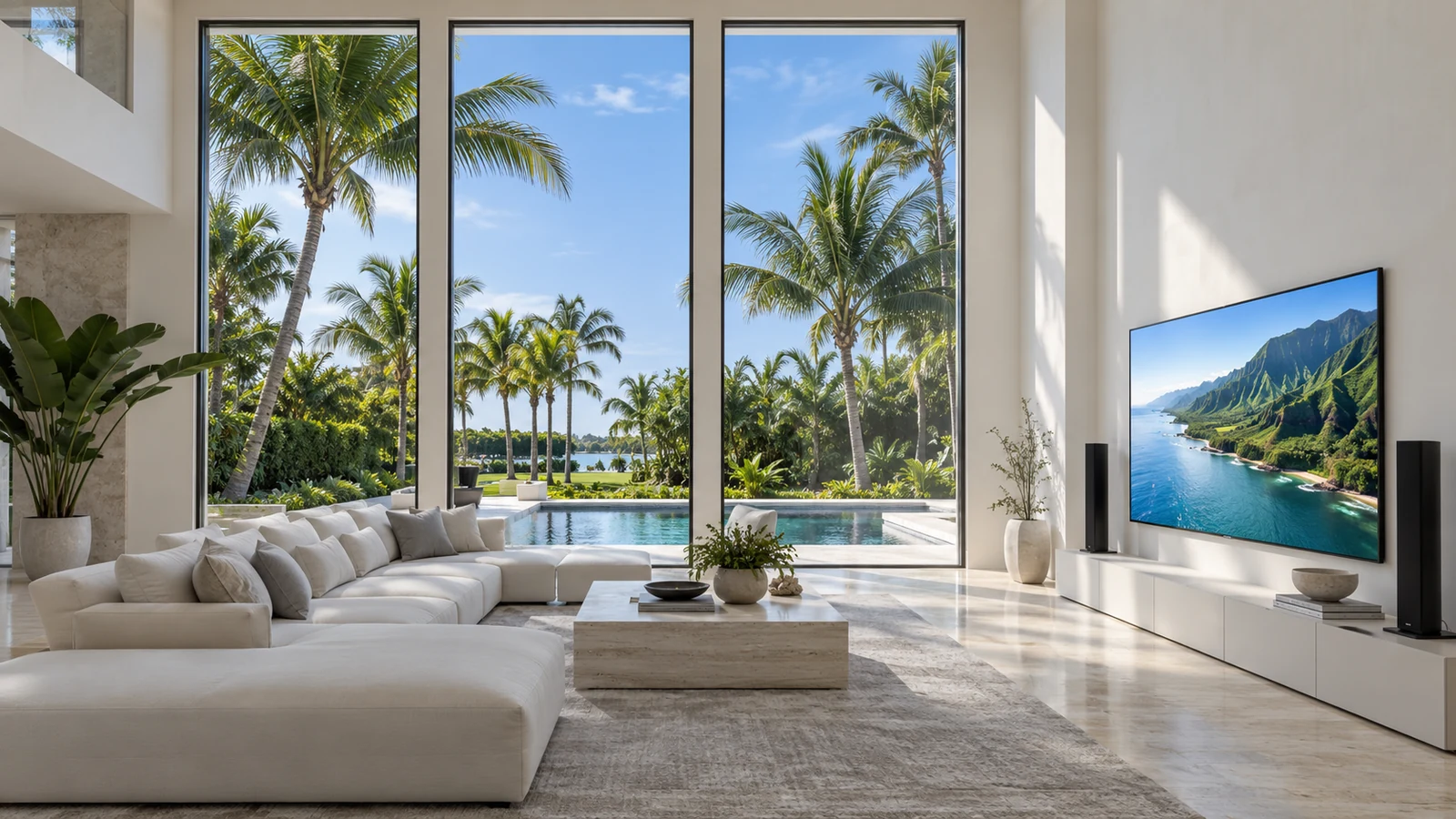 Daylight living room with automated shades and entertainment