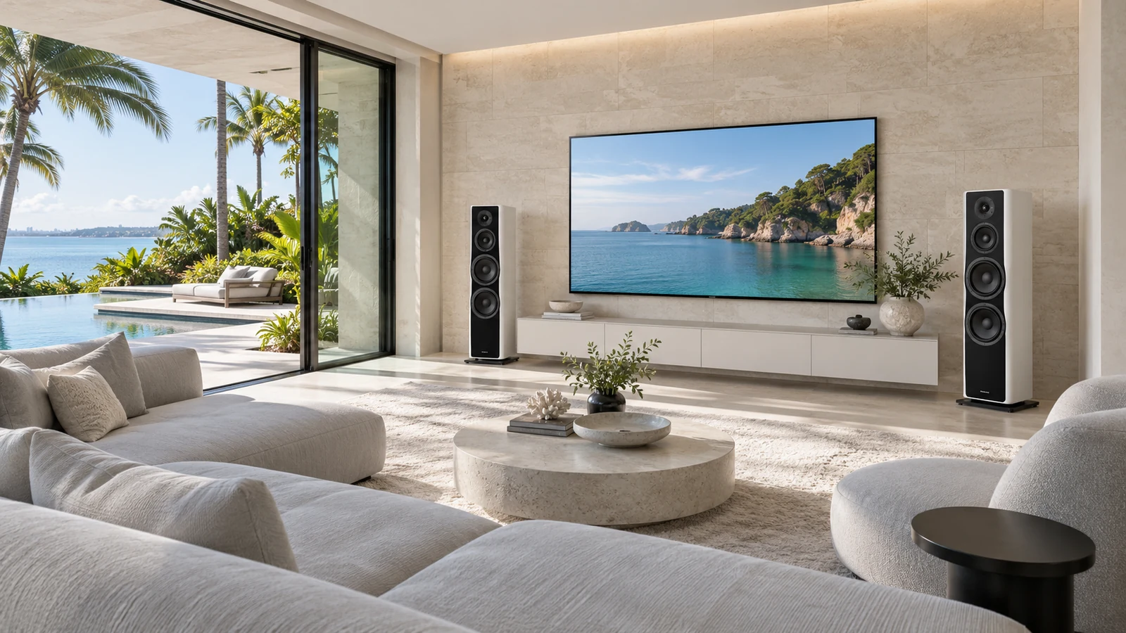 Coastal media lounge with two tower speakers