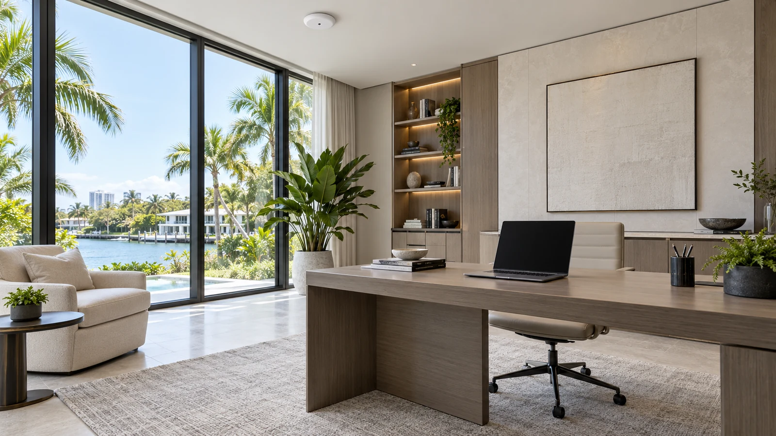 Airy waterfront home office with a ceiling wireless access point and an open laptop on the desk.