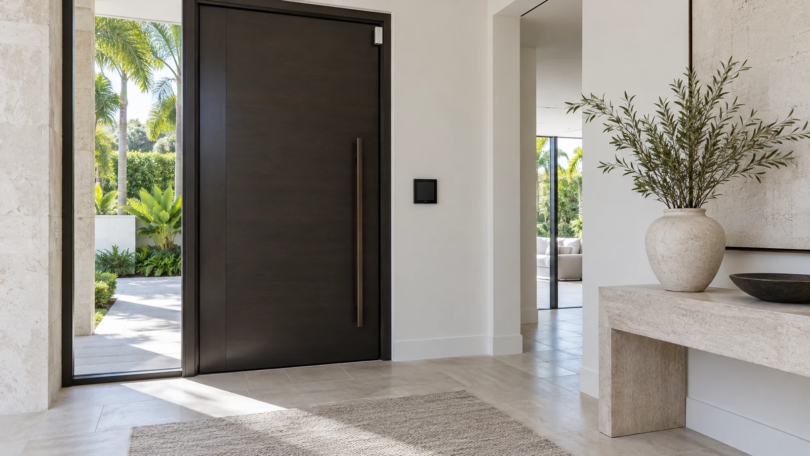 Modern entry interior with a dark pivot door, wall alarm panel and upper door contact sensor.