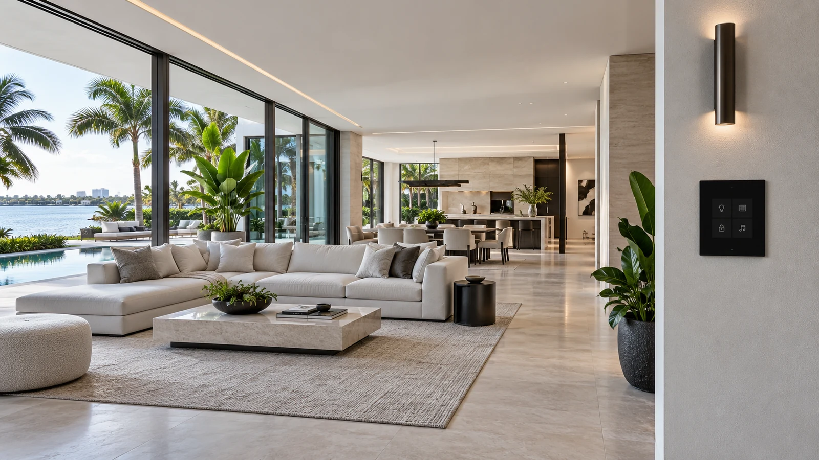 Daylight coastal living room with a wall-mounted touch control panel and architectural lighting.