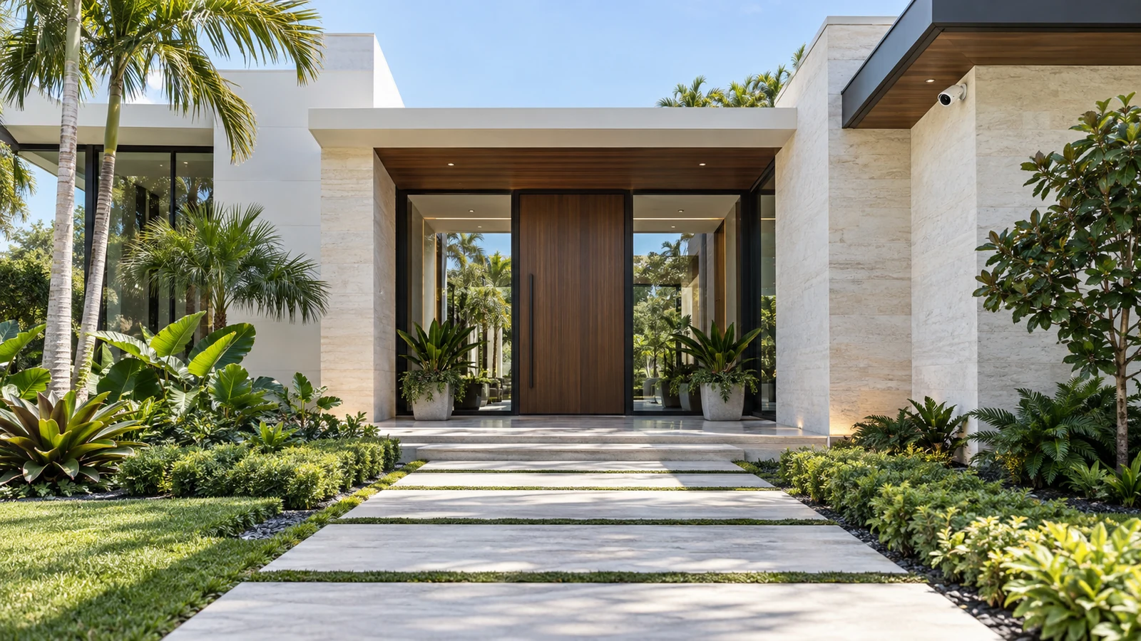 Modern landscaped home entry with a discreet camera mounted beneath the right-hand eave.