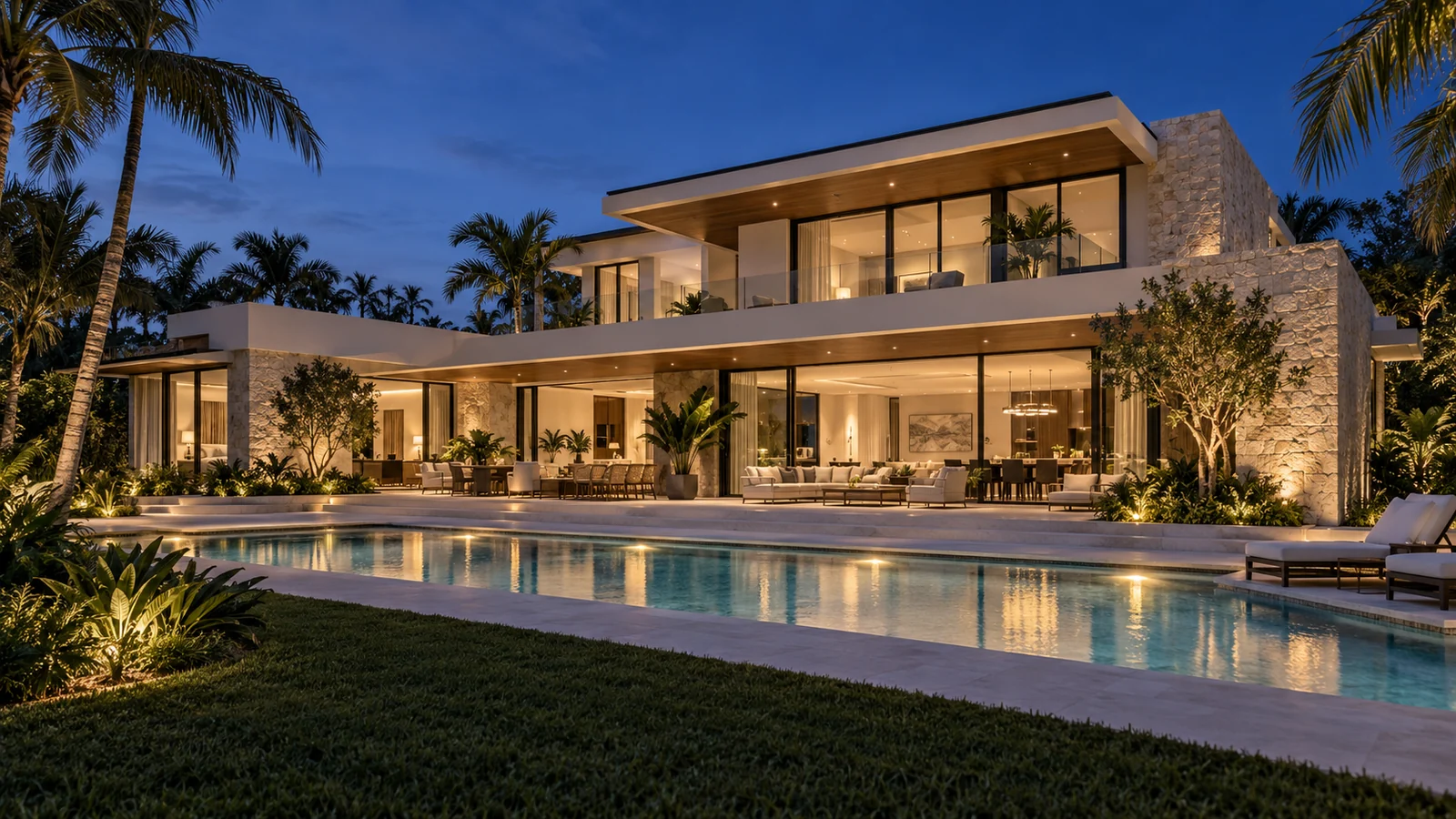 Coastal modern home viewed across a garden pool at night, with warm architectural and landscape lighting.