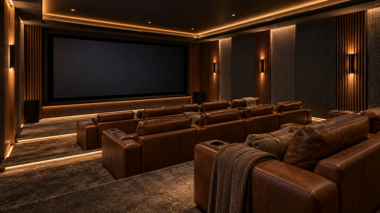 Dedicated home cinema with tiered leather seating, walnut finishes, and integrated warm lighting.