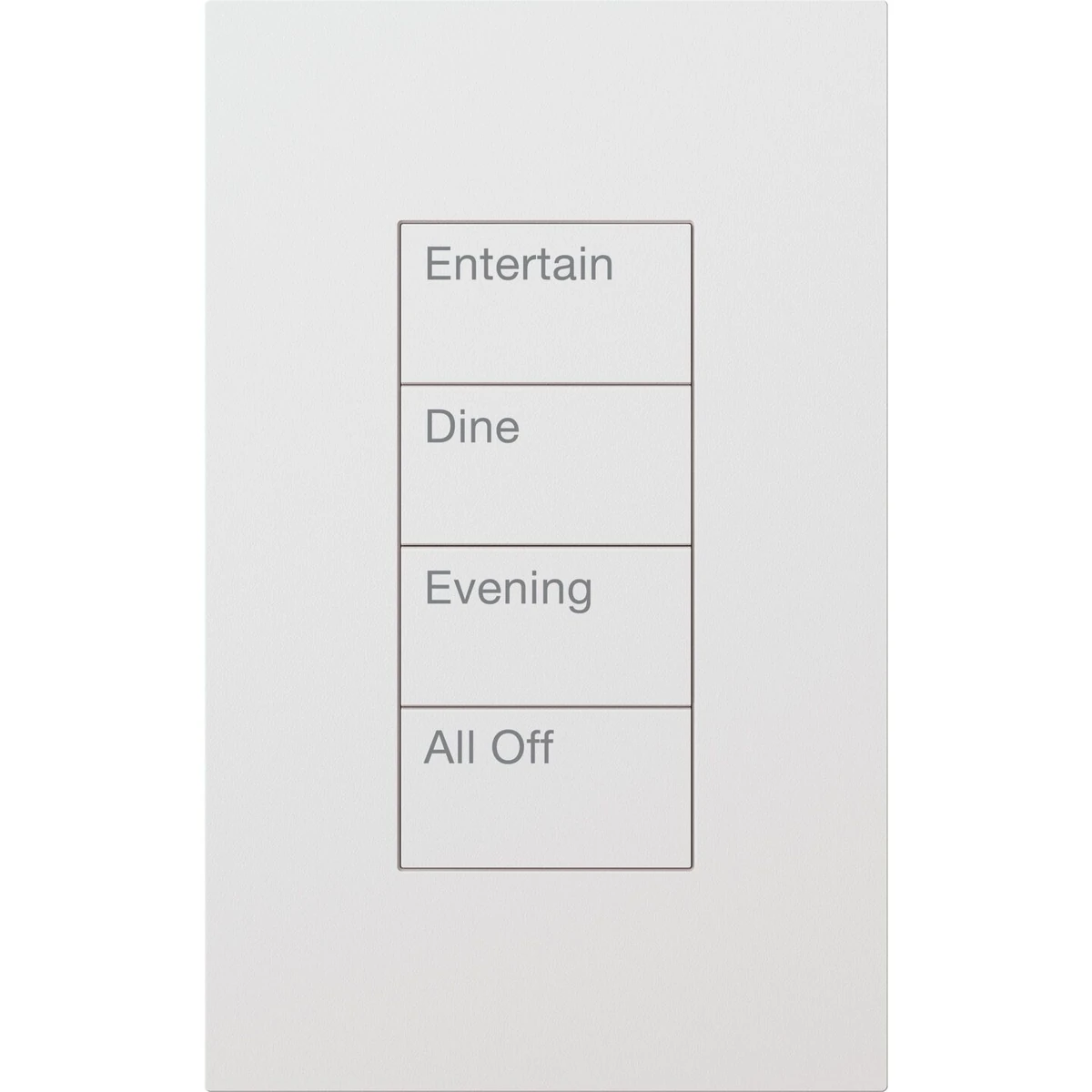 HomeWorks Palladiom rectangle keypad in Architectural Matte White; buttons engraved Entertain, Dine, Evening, All Off
