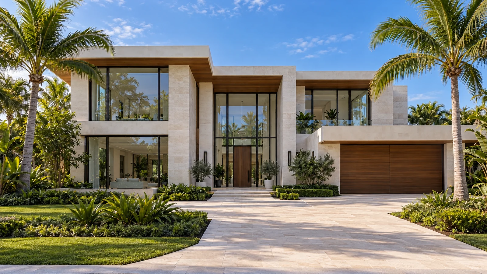 The modern house in daylight with all interior and exterior lights switched off.
