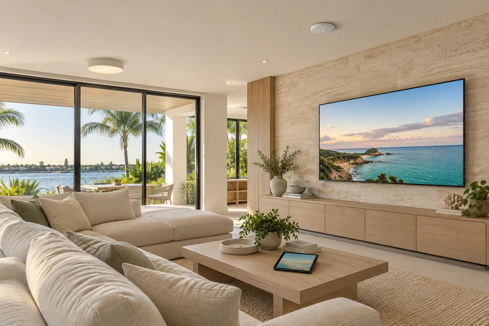 Living room with a discreet ceiling Wi-Fi access point, television and tablet.