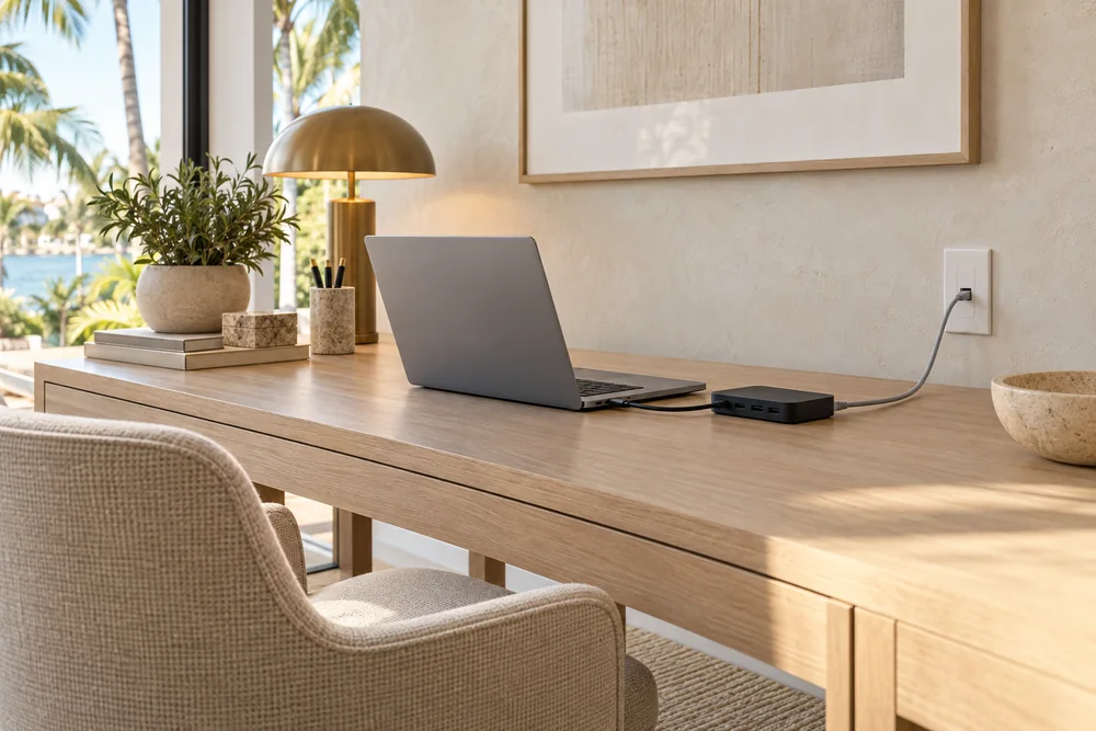 Laptop and compact dock connected to a finished Ethernet wall outlet in a bright home office.